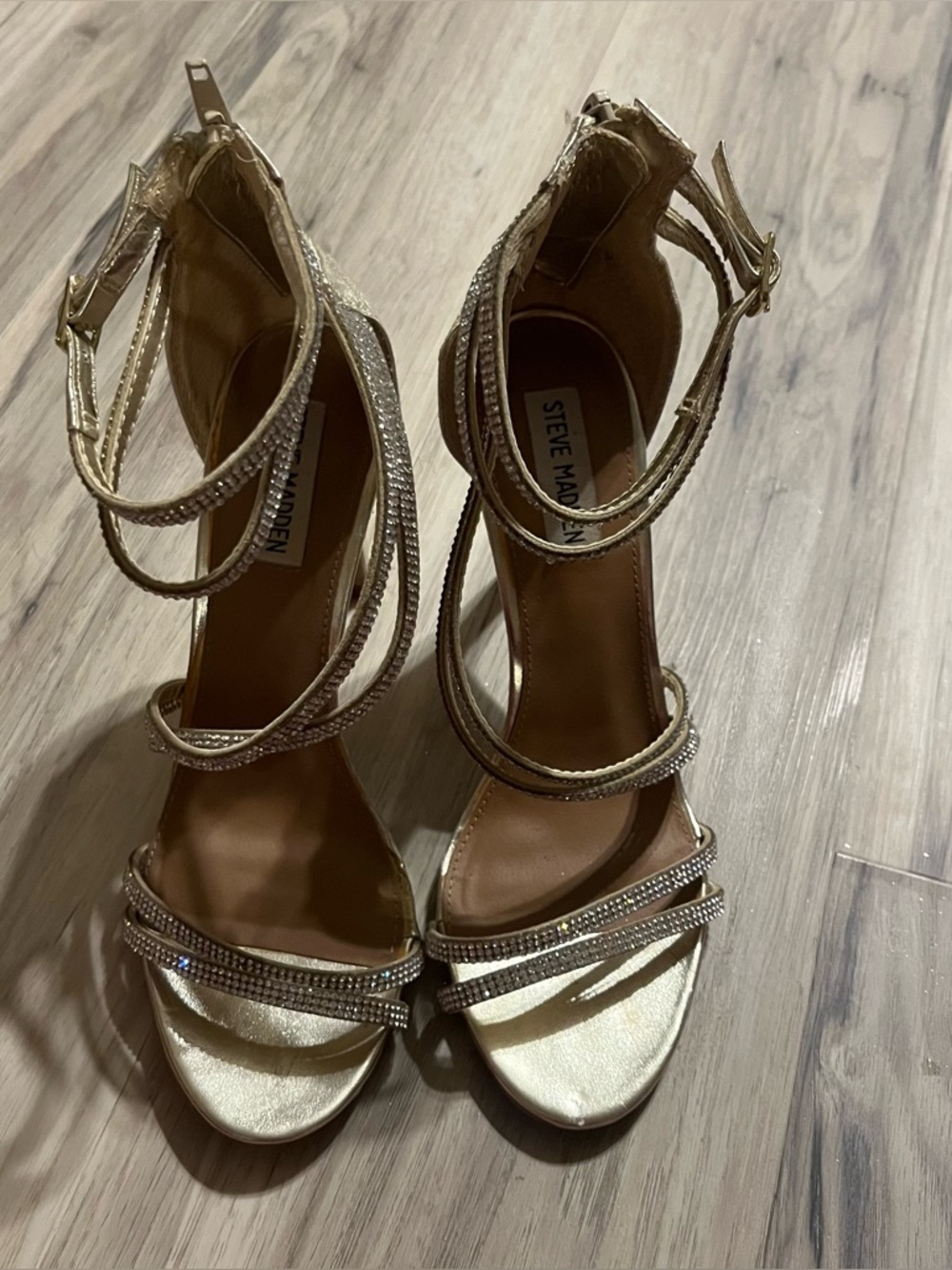 Steve Madden Gold Silver Rhinestone Strappy Stiletto Sandals - Picture 2 of 5